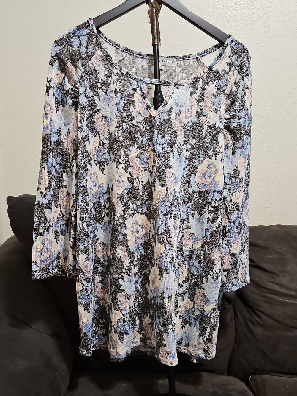 Absolutely Famous Floral Keyhole Tunic in Black, Blue, and Cream